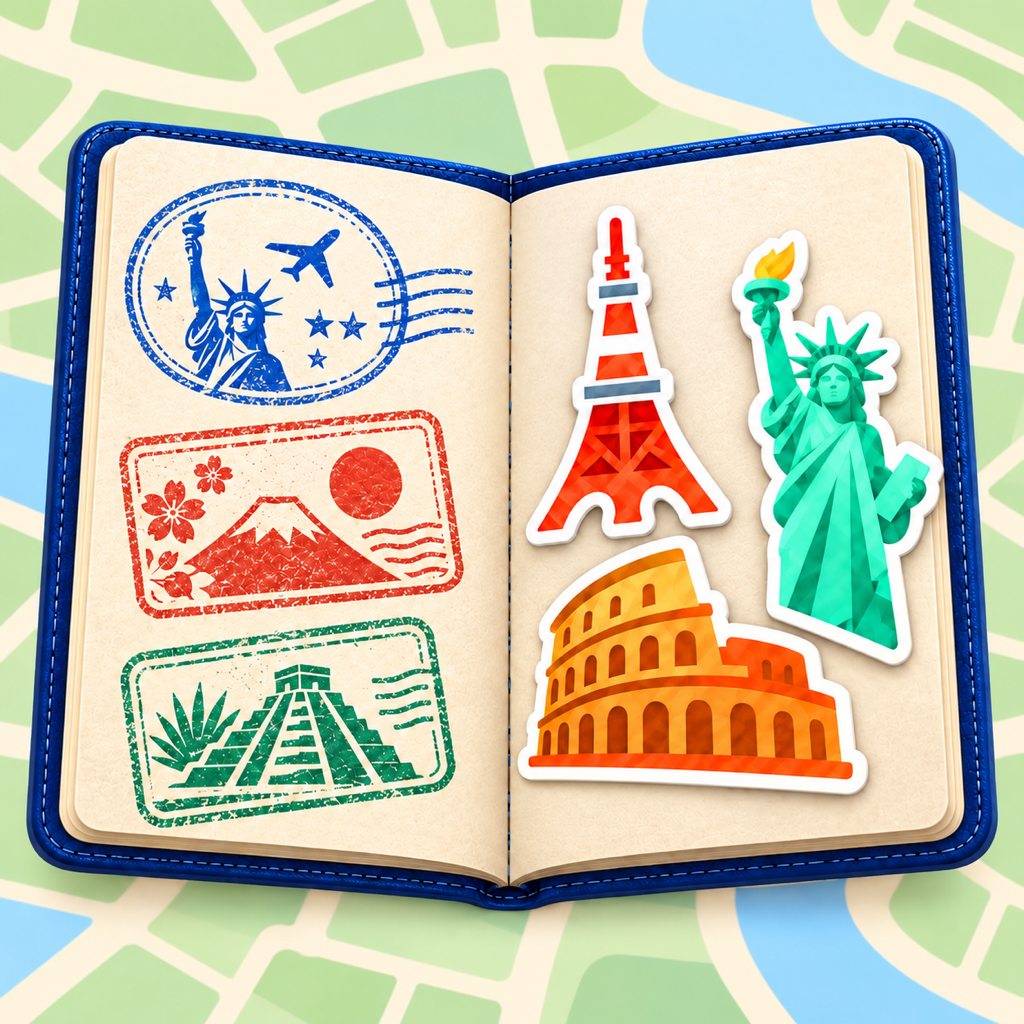 GeoPassport open-passport app icon with country stamps and landmark stickers